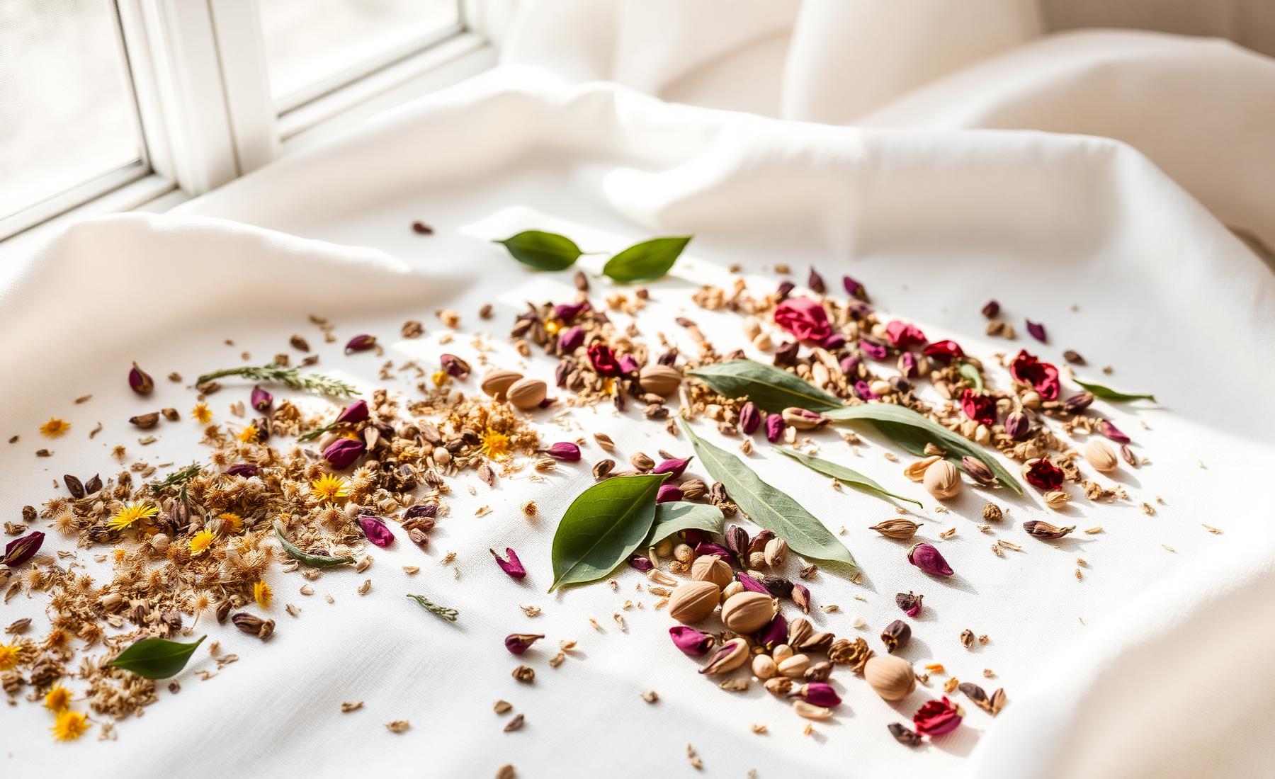 Dried botanicals — chamomile, tulsi and rose petals scattered on ivory linen
